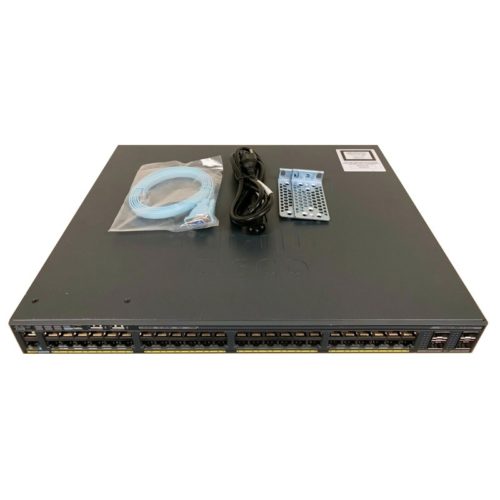A Cisco networking switch of 48 ports with cables of power and VGA in Bahrain