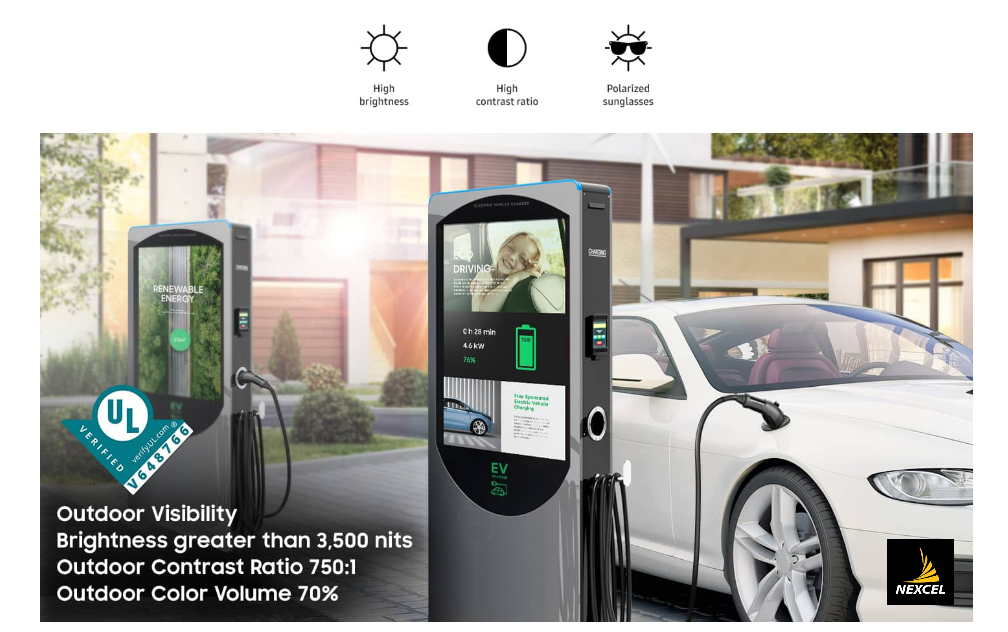 outdoor Samsung screens used for showing status and information in electric vehicle charge filling station in Bahrain
